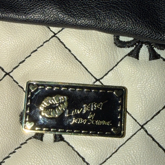 Betsy Johnson Black Pink Quilted Backpack 12”x14” Pink Bow Gold Buckle Strap BAG main image 12